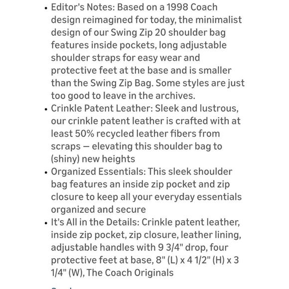 NWT Coach Originals Swing Zip Bag 20 Brass/Chalk White Crinkle Patent Leather - Picture 6 of 6